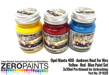 ZEROPAINTS ZP-1529 Opel Manta 400 Group B - Andrews Heat for Hire - Yellow, Red and Blue (Gelb, Rot und Blau) Paint Set 3x30ml